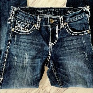 Cowgirl Tuff Women's Dark Blue Bootcut Jeans with White Contrast Stitching
